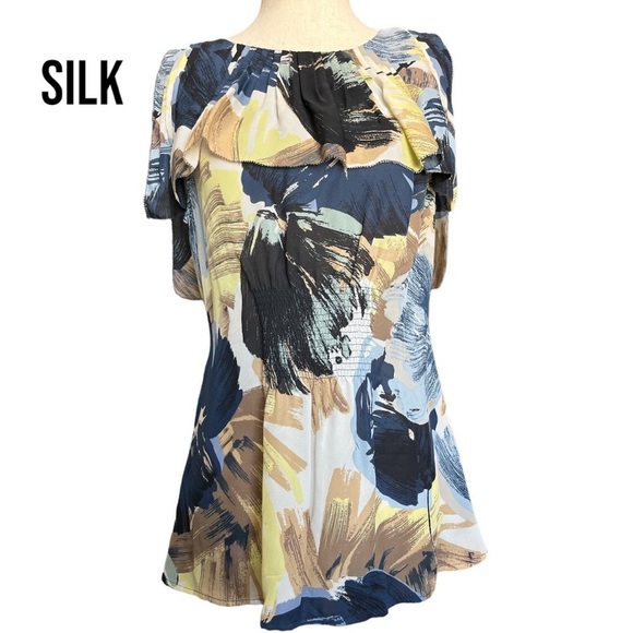 BCBGMaxAzria Tops - BCBG MaxAzria SILK Flounce Ruffle Brushstroke Blouse Top Shirt Pleated Smocked S